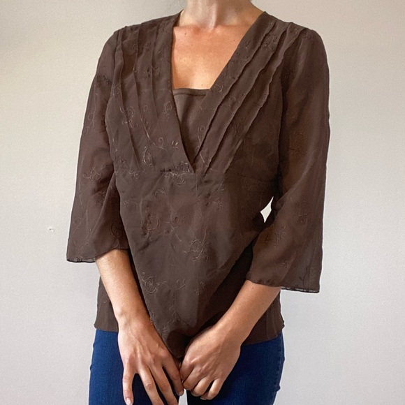Bohemian Brown Embroidered Chiffon 3/4 Sleeve Top - Picture 8 of 14